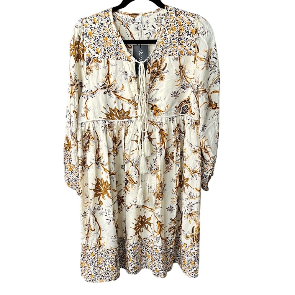 NWT R Vivimos Floral Boho Peasant Dress Cream Gold Brown Tie Neck - S (4/6)